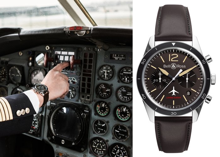 Left: Pilot wearing a BR 126 Falcon - Right: New BR 126 Chronograph by Bell & Ross