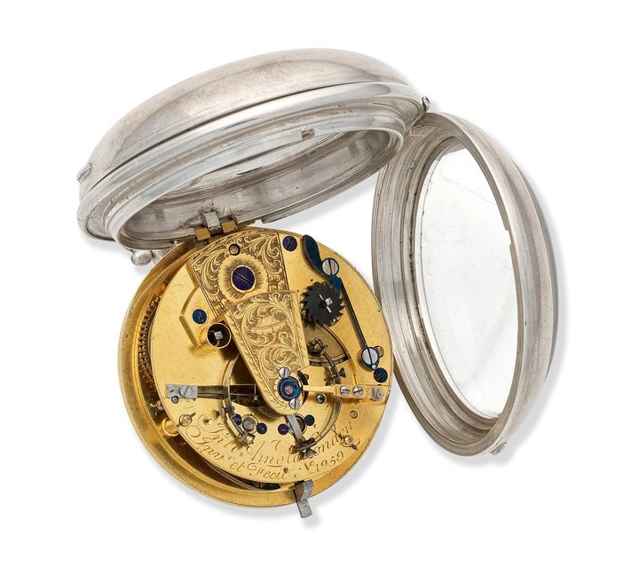 A silver key wind Arnold type detent open face pocket watch.