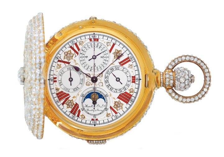 A spectacular perpetual calendar pocket watch, set with 1,150 diamonds, produced for the Indian market by Henri Grandjean and acquired by Mahbub Ali Khan, of the Nizam dynasty of Hyderabad. Sold in 2005 by Antiquorum in Geneva.
