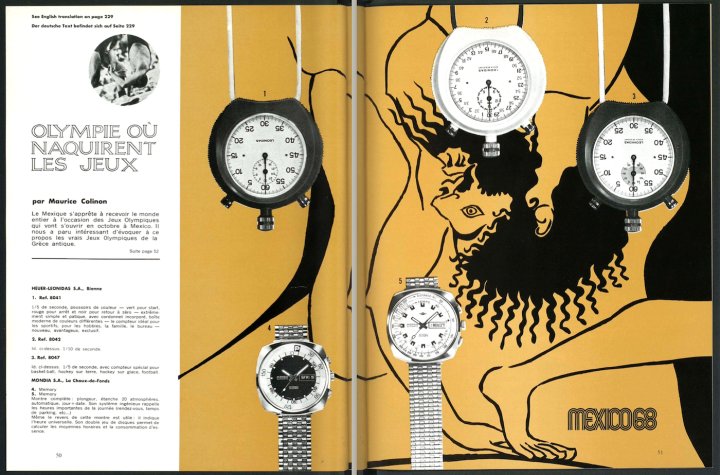 Several Swiss brands launched models dedicated to the 1968 Olympic Games in Mexico City, including Heuer-Leonidas.