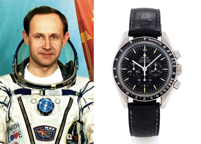 Left: Anatoly Artsebarsky - Right: Artsebarsky's Omega Speedmaster