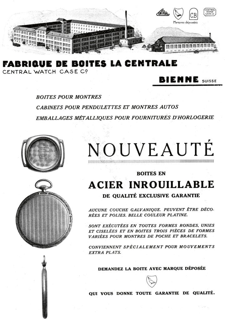1930: Biel-based case manufacturer La Centrale announces the adoption of a new material in watchmaking: stainless steel. The image of the large-scale factory, a common feature in advertisements since the 1910s, demonstrates the advertiser's considerable production capacity.