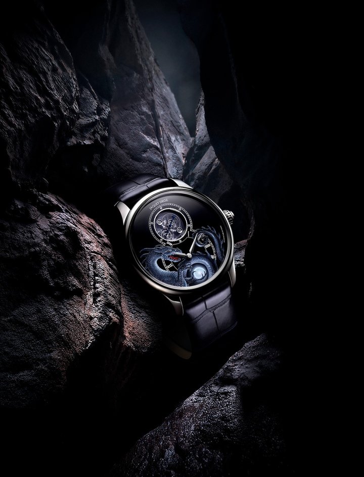 For Jaquet Droz, John Howe has envisioned the emblematic creature of his universe - the dragon - offered to the brand's clients in multiple unique iterations, such as this white gold tourbillon version.