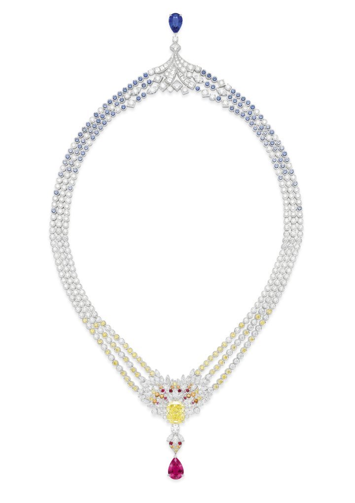 The Extraordinary Lights Necklace from Piaget's Limelight high jewellery collection can be worn as eight different necklaces and as a bracelet. It is set with an 8.88-carat, cushion-cut, fancy vivid yellow, IF diamond centre stone, a 5.34-carat, pear-cut sapphire from Sri Lanka and a rare 3.61-carat Tanzanian spinel.