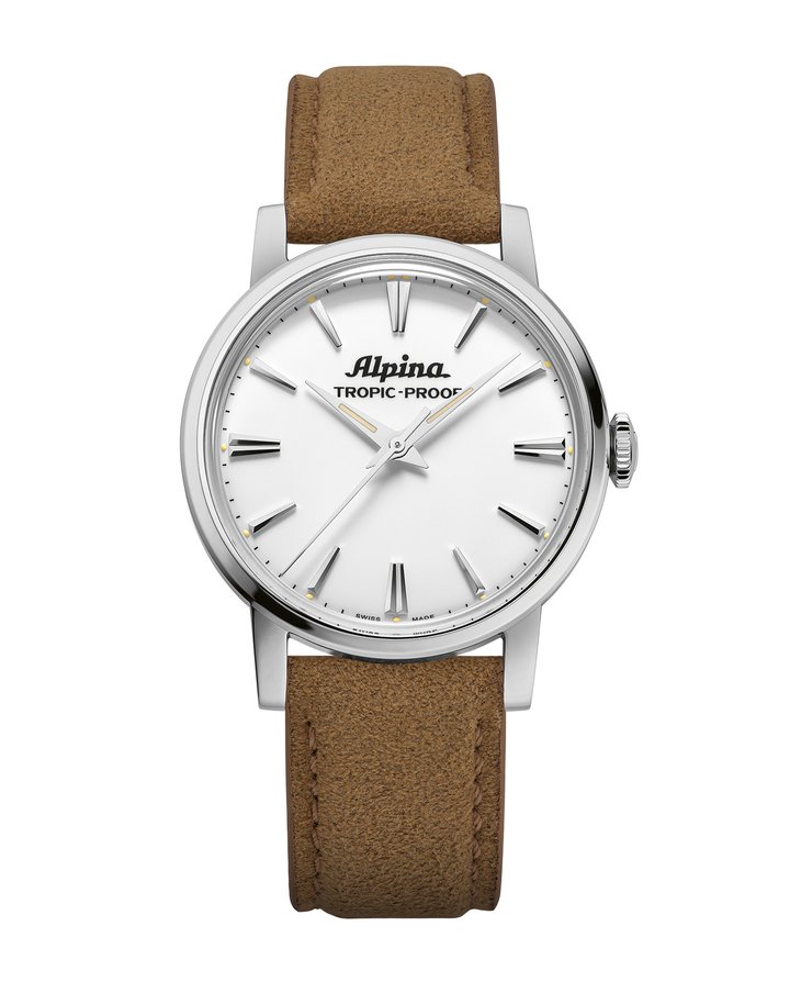 The Tropic-Proof is a quintessential Alpina from the mid-1960s that embodies the adventurer's watch. Featuring an ultra-robust case by master casemaker François Borgel, and a Swiss Made movement, it paved the way for the Alpina watches of today. Now, the brand has produced the most faithful of tributes: two versions with, as before, a black or white dial, a 34mm steel case, Dauphine hands and a manual movement, mounted on an Alcantara strap.