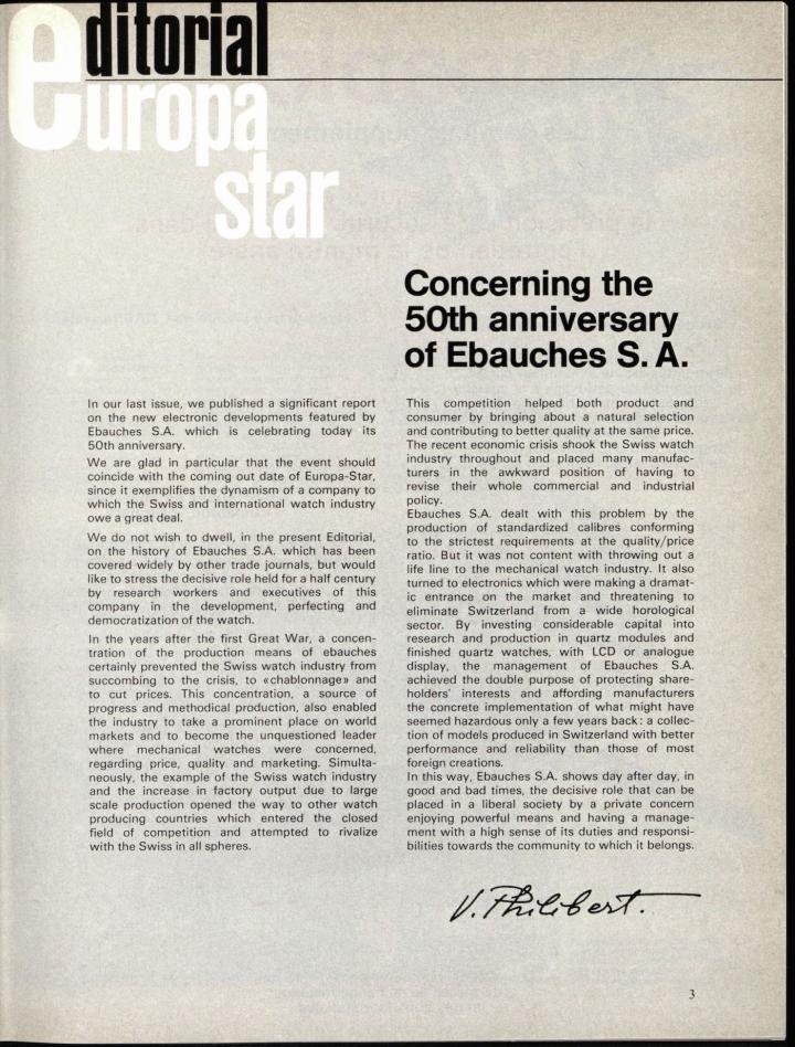 This 1977 editorial is clear that the crisis was economic, and that the Swiss watch industry was responding with standardised mechanical and electronic movements.