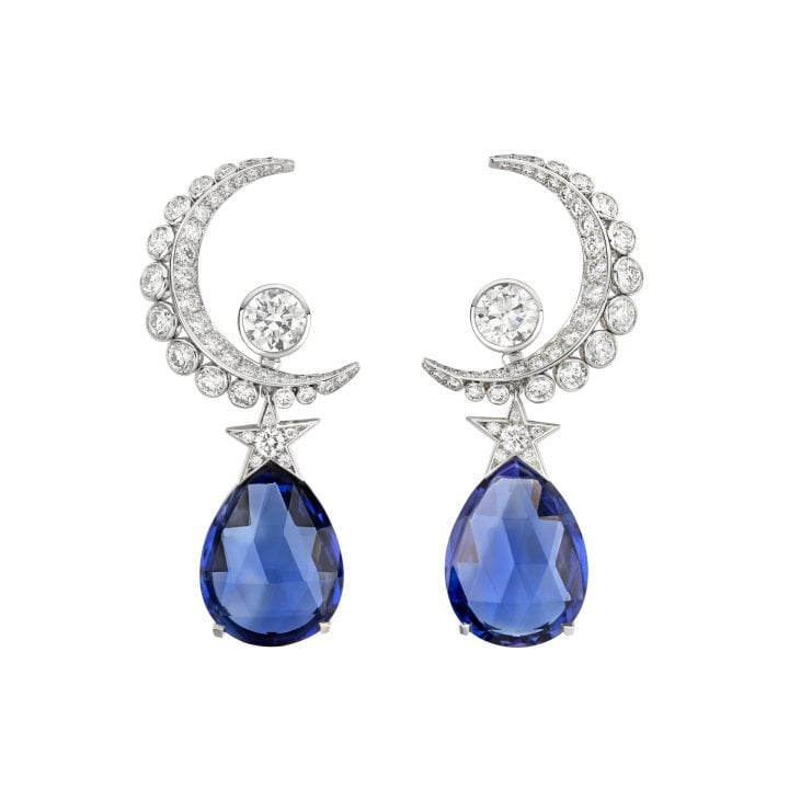 Lune Talisman earrings with two vibrant blue tanzanites