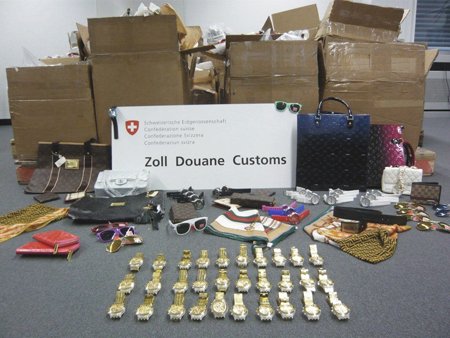 Swiss Customs display the counterfeit products they have recently seized