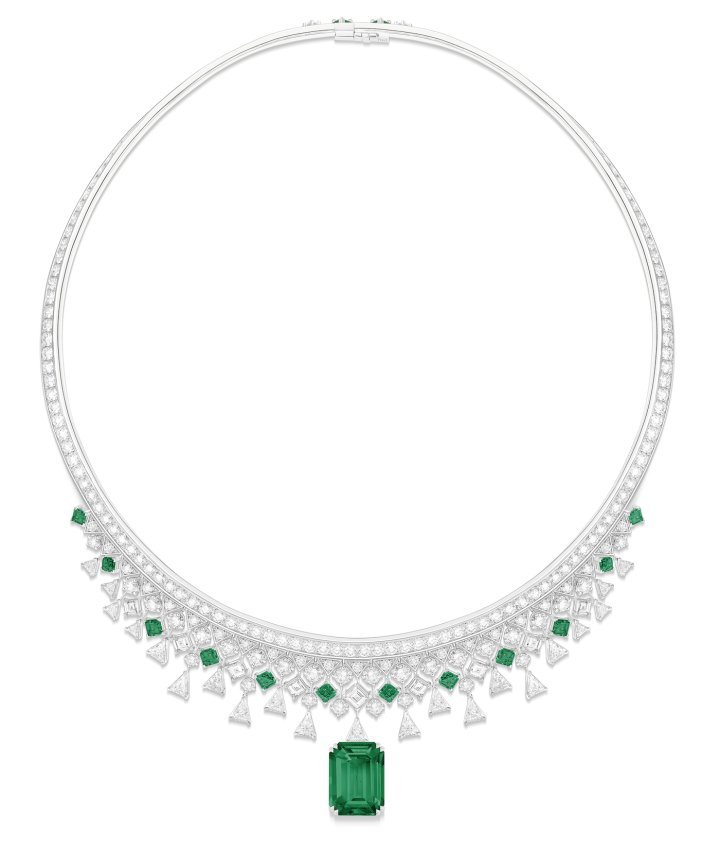 Precious Adornment Necklace. The 9.21-carat, emerald-cut, no oil emerald from Zambia was cut by Piaget from a 16-carat stone with multiple inclusions.
