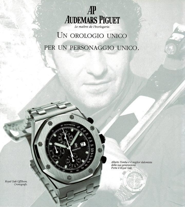 1994: Audemars Piguet's Royal Oak Offshore chronograph, one of the first oversized models of the 1990s, is launched with the endorsement of Italian ski champion Alberto Tomba, a well-known figure among sports enthusiasts.