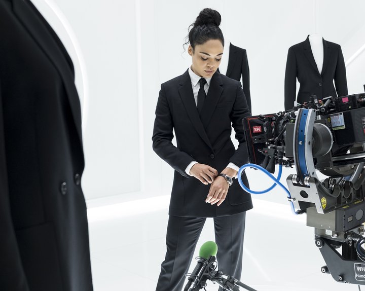 Agent M Tessa Thompson with a Hamilton Ventura on her wrist