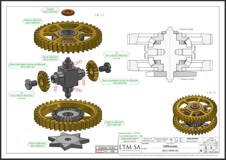 Exploded view of the differential mechanism inside the Pecqueur Calibre LTM 5021, which will equip the first Pecqueur Motorists model to be unveiled this spring.