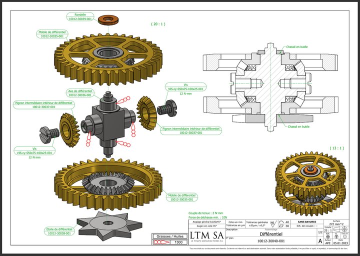 Exploded view of the differential mechanism inside the Pecqueur Calibre LTM 5021, which will equip the first Pecqueur Motorists model to be unveiled this spring.