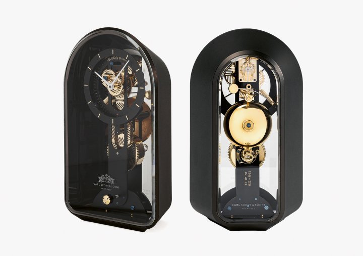 Carl Suchy & Söhne – Table Waltz: A tribute to the country's horological craftsmanship, this table clock is handmade in Austria and driven by a mechanical movement produced in Carl Suchy & Söhne's workshops. The elegant simplicity of this ten-piece limited edition accentuates the careful consideration given to each detail, whether the curve of the case, the alternating polished and brushed surfaces or the delicate engravings on the glass. The eye is irresistibly drawn by the beauty of the movement, seemingly suspended inside its glass dome. $$$