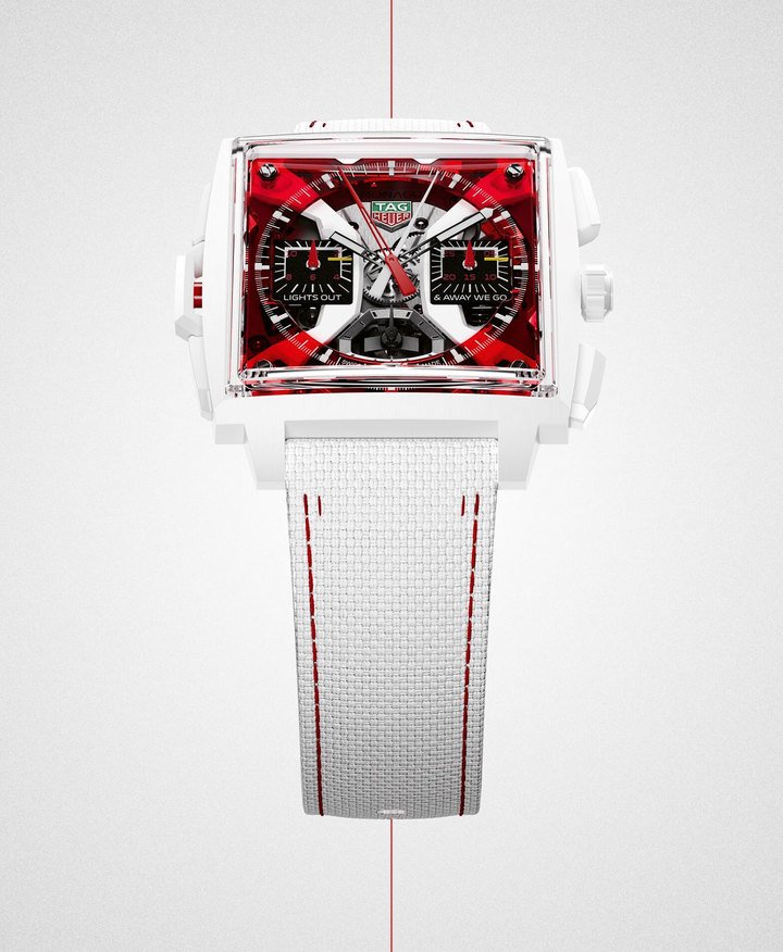 A vibrant, red-tinted translucent dial captures the sheer adrenaline of race day. The chronograph counters are inspired by racetrack design, featuring an asphalt-like finish, white and yellow starting grid positions and the official F1 typography. The counters also feature the phrase made famous by British commentator David Croft: “LIGHTS OUT & AWAY WE GO.” This legendary declaration captures the electric anticipation of every Grand Prix start. 
