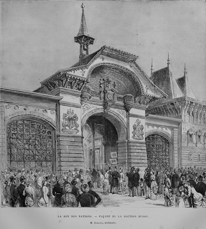 The Swiss medieval building with its distinctive clock. Exposition universelle de Paris 1878. Tissot Archive.