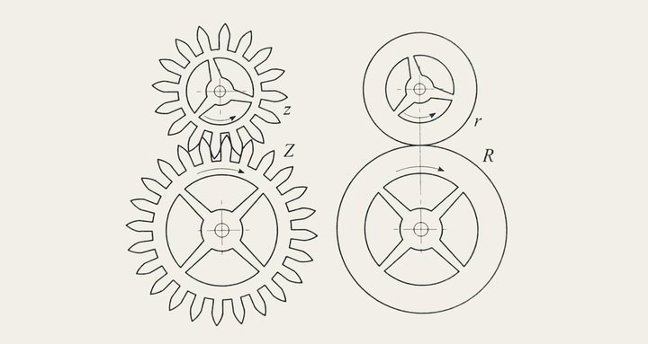 Olivier Laesser imagined a method based on equivalences between complex gearing (left) and so-called primitive circles (right) to produce clearly understandable illustrations of any escapement.