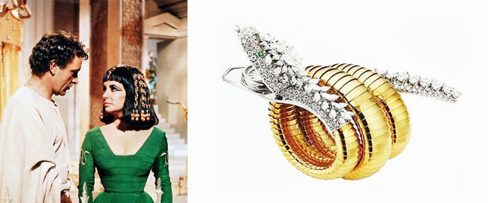 Left: Richard Burton & Elizabeth Taylor in CLEOPATRA - Right: Serpenti Watch worn by Elizabeth Taylor