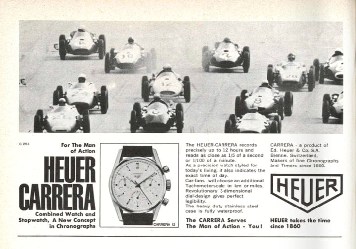 A Heuer ad from a 1963 issue of Europa Star, for the recently launched Carrera: “A new concept in chronographs for the man of action.” The model was promoted on the motor racing circuit.
