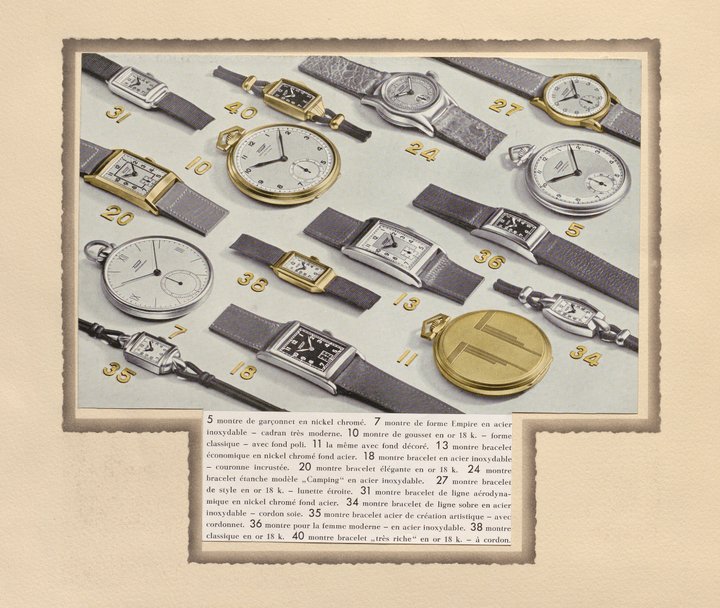Examples of watch models sold by Tissot during the 1930s. Tissot catalogue, 1938. Tissot Museum Collection.