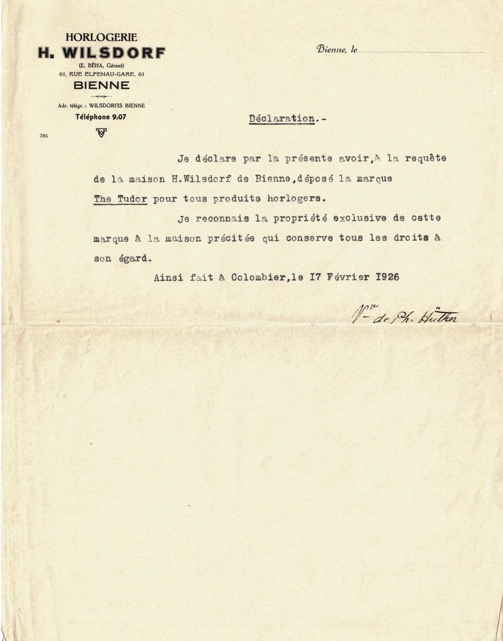 The letter confirming the registration of the Tudor trademark by H. Wilsdorf in 1926.