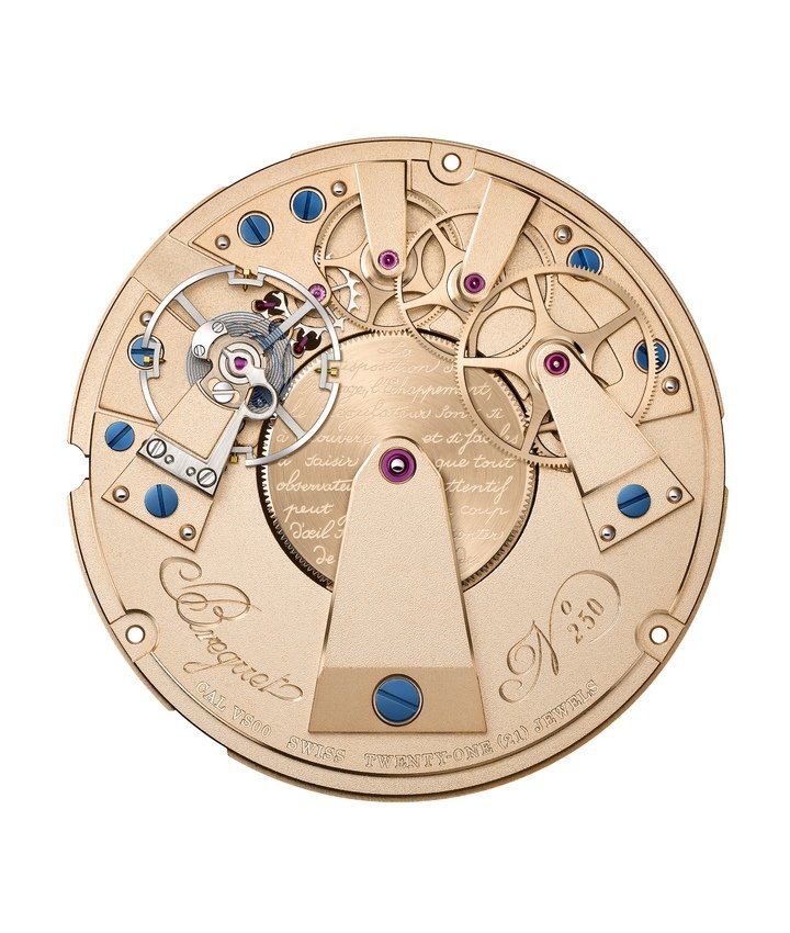 The movement architecture is directly inspired by that of the first souscription watches, signed A.-L. Breguet.