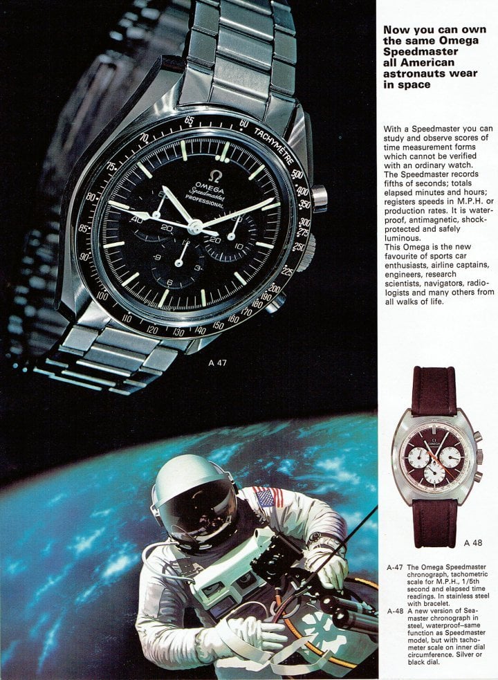 1967: A space chronograph for everyone: thanks to NASA's missions and Omega's extensive promotion, the Speedmaster achieved unprecedented commercial success in the mid-to-high end of the market.