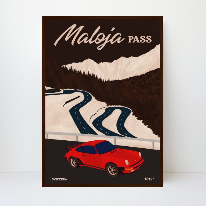 Maloja Pass, Porsche 911: “Arriving from Italy, the Maloja Pass is the gateway to the Upper Engadine, home to the historic resort of St. Moritz, the birthplace of winter tourism in the Alps, the crystal-clear lakes of Silvaplana and Sils Maria, and Piz Bernina, the most easterly peak in the Alps at over 4,000 metres. Possibly you will see the Maloja Snake: a narrow bank of clouds that occasionally emerges from Lake Como in the distance, slipping through the notch of the pass to mysteriously descend into the Engadine valley where it swathes the landscape in an almost unreal, cottony veil. The artwork depicts the second-generation Porsche 911, unveiled in 1974, as it negotiates the final twists and turns of the Maloja Pass's western slope.”