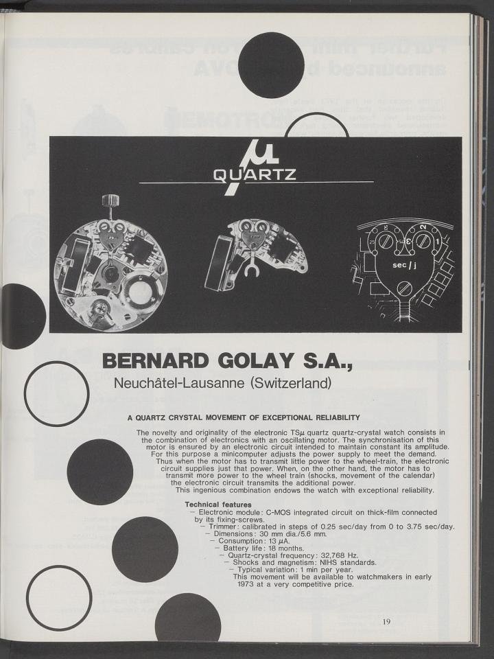Bernard Golay SA later developed an inexpensive 32 KHz quartz movement that used an oscillating balance rather than a vibration motor. 