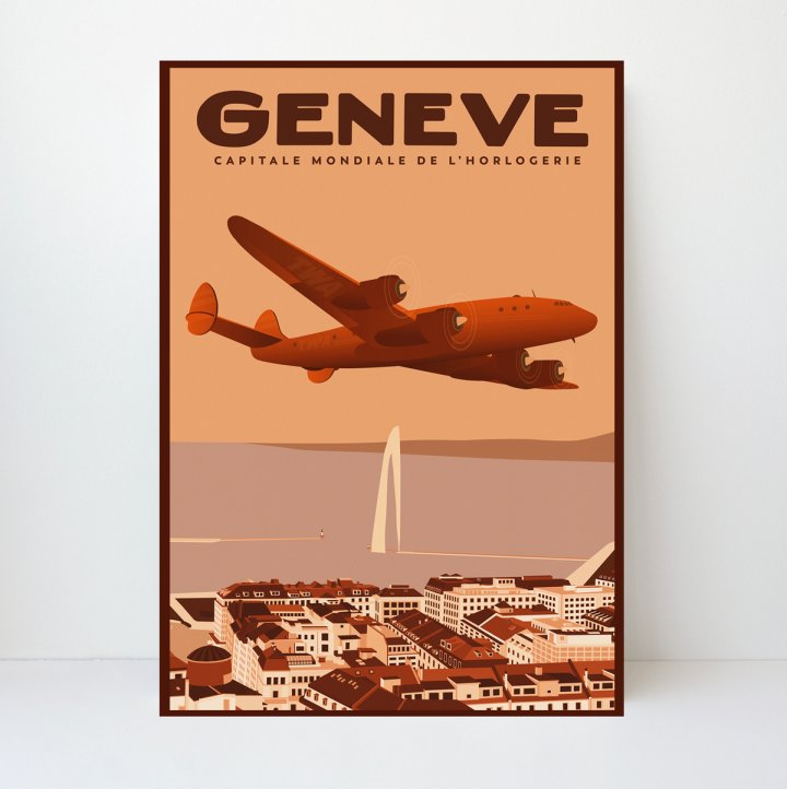 Geneva, TWA Lockheed Constellation: This artwork was specially created for the Bucherer boutique on Rue du Rhône and is characteristic of the collection at Atelier WOCS, with its two profoundly historical depictions of tourism and aviation: the Rade de Genève and the Jet d'Eau on the one hand, and the Lockheed Constellation on the other. Truly an icon, the Constellation marks the heyday of propeller-driven aircraft, just before the advent of jet engines. It was the first production aircraft with a pressurized cabin, which enabled it to gain high altitude to fly faster and, importantly, above the clouds, thus avoiding bad weather and its dangers. The distinctive outline of the Constellation's triple-tail and dolphin-shaped fuselage confirmed its legendary status. Here we see a TWA Constellation over Geneva: a destination served by TWA in the late 1940s.