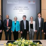 From left to right: François-Henry Bennahmias, CEO of Audemars Piguet; Olivier Audemars Member of the Board of Audemars Piguet Holding; Jasmine Audemars, Chairwoman of the Board of Audemars Piguet Holding and the Board of the Audemars Piguet Foundation; Professor Patrick Aebischer, President of the EPFL; Adrienne Corboud Fumagalli, Vice-President for Innovation at the EPFL; Professor Simon Henein, Manager of the INSTANT-LAB; Zarko Stevic, Director of the Supply Chain and Development at Audemars Piguet