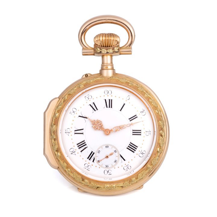 LOT 257 is a very fine and historically important 18K multicoloured gold, keyless pocket watch from Amiet, France. It was specially made for Pope Leo XIII in 1887 and features the Besançon coat of arms surmounted by the Papal mitre and Saint Peter's keys, all in relief against a matted ground. The bezels are in green gold with laurel leaf garlands in relief, and the gold hinged cuvette is engraved with a dedication. It comes with its stunning original box with a dedication on the inner dome and silver armorials of the town and of Franche-Comté.