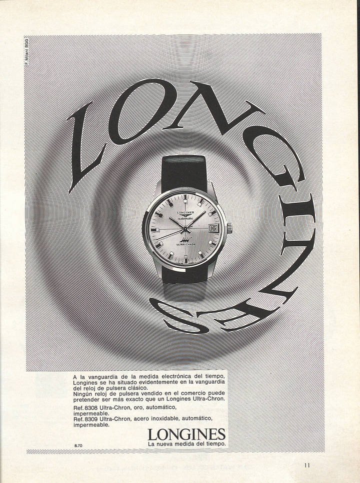 Equipped with the new high- frequency Calibre L430, the 1966 Ultra Chron is the first wristwatch with an automatic movement beating at 36,000 vibrations per hour. It has a power reserve of 42 hours. It takes on Bulova's Accutron, with the same precision of 1 minute per month.