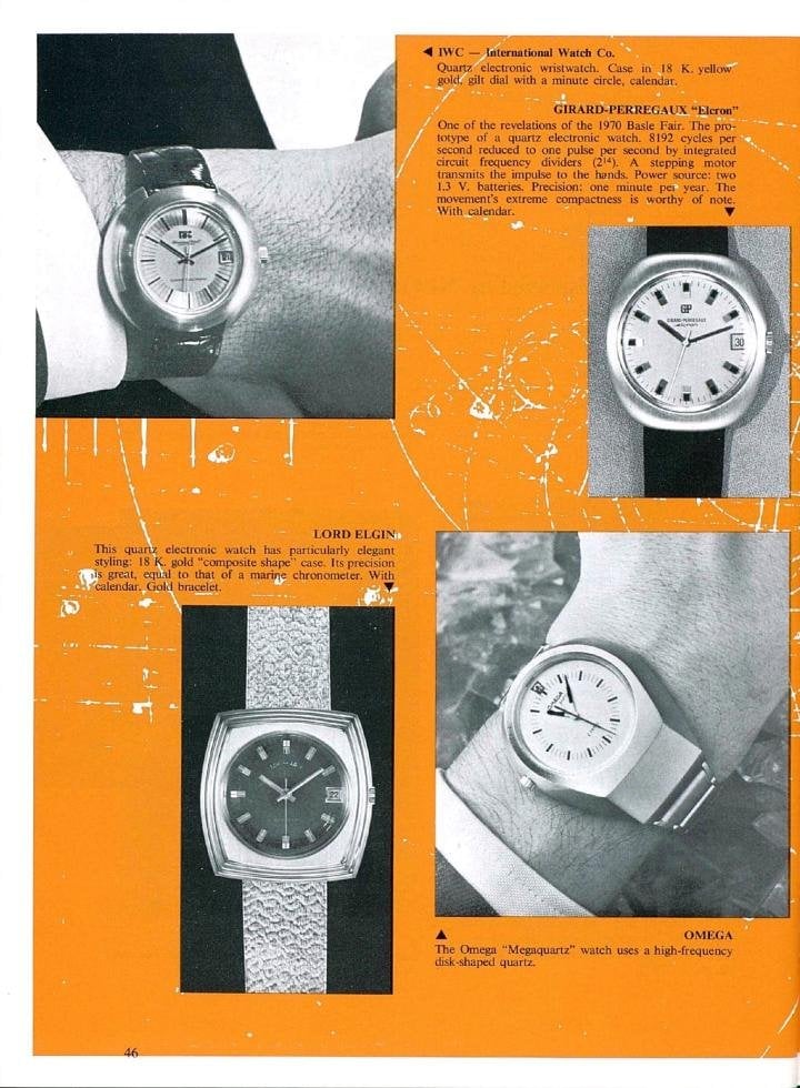 Along with over 20 other companies, IWC introduced a quartz watch using the CEH Beta 21 movement at the Basel Fair in 1970. But IWC's watch, pictured top left, uses a large round case unlike the Da Vinci pictured a year later.