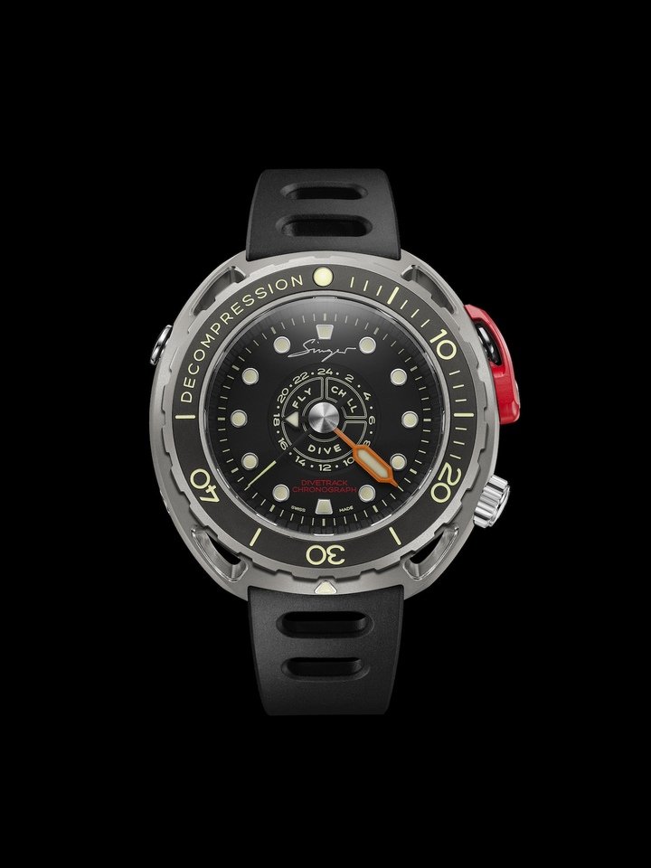 The Divetrack stands out thanks to its automatic 24-hour central chronograph, designed specifically to monitor an entire diving session. The central second hand ensures continuous movement, while the orange minute hand allows for meticulous monitoring of your underwater adventures.