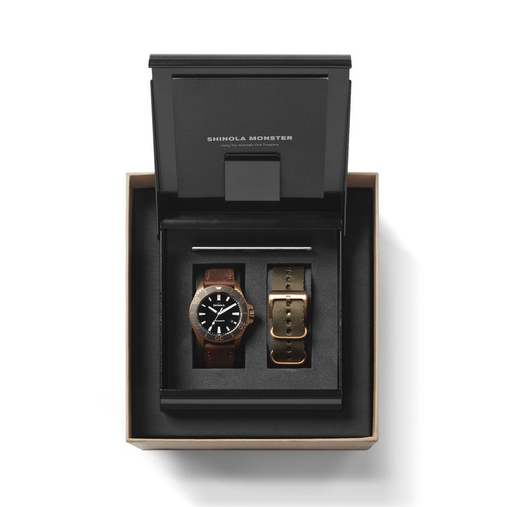 The Bronze Monster, Shinola's highest-priced watch at ,650, in its packaging.