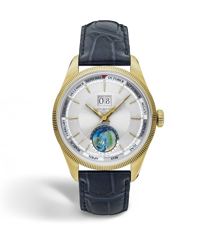 For the annual calendar functions, the large date is positioned at 12 o'clock, just above the historic Montblanc logo, and features two large apertures positioned side-by-side. The date is easily adjustable thanks to a corrector located at 2 o'clock. Montblanc has chosen to display the months around the dial's periphery via a red arrow – a nod to the Roman goddess Minerva – making them easily readable at a glance.