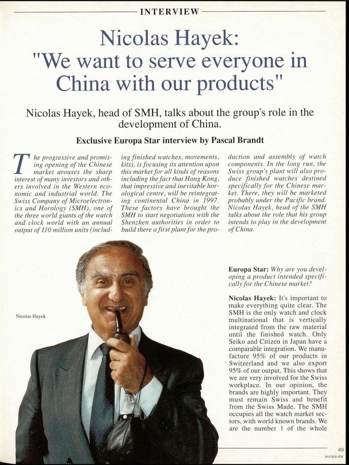 In an interview with Europa Star from 1994, Nicolas Hayek explained his ambitions for Swatch Group in China. Of note was the idea of launching a mass-produced brand at low cost, specifically for the Chinese market (read the full interview in our online archive).
