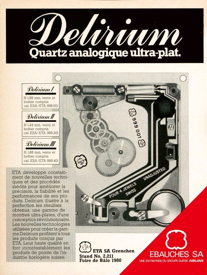 1980: 1980 saw the end of the race to create the world's thinnest watch. Switzerland overtook Japan with a design in which the case was an integral part of the movement. The ad describes the first three versions of the Delirium, with victory ultimately going to the Delirium IV, the first and only timepiece in history to be less than one millimetre thick.