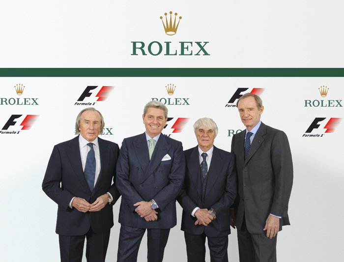 Sir Jackie Stewart, Rolex Testimonee ; Mr Gian Riccardo Marini, Chief Executive Officer of Rolex SA ; Mr Bernie Ecclestone, CEO of the Formula One group ; Mr Jean-Claude Killy, Rolex Testimonee and member of the Board of Directors of Rolex SA (from left to right) © Rolex / Eddy Mottaz