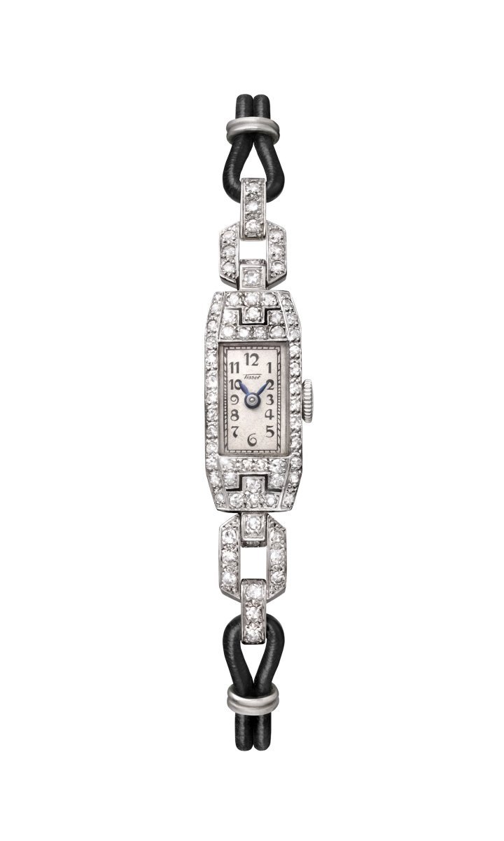 A ‘baguette' platinum watch for ladies, set with diamonds and mounted on a cord, dated 1925. Tissot Museum Collection. E00012337. 