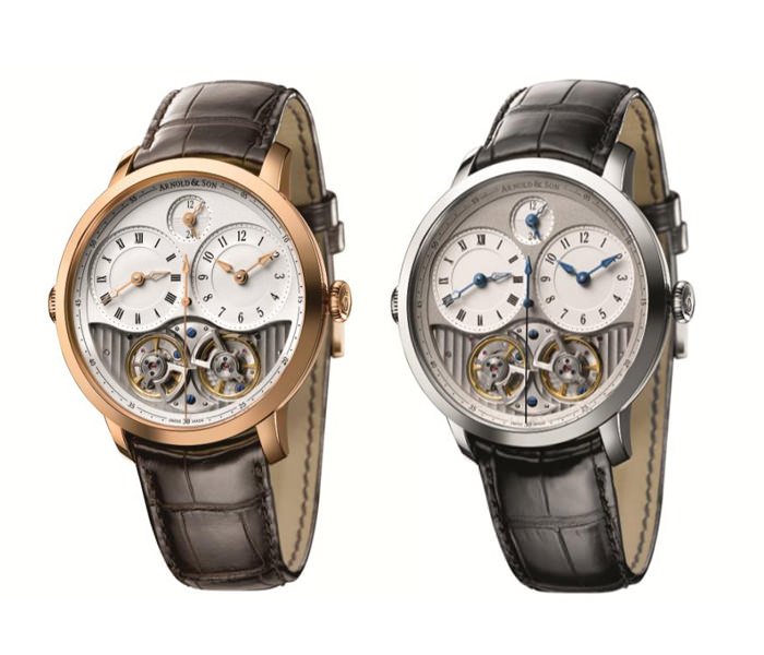 DBG Timepieces - Left: 18-carat rose gold case, silvery-white and silvery opaline dial, case diameter 44 mm, A&S1209 exclusive Arnold & Son mechanical movement, hand-wound © Arnold & Son - Right: Stainless steel case, light-grey and silvery opaline dial, case diameter 44 mm, A&S1209 exclusive Arnold & Son mechanical movement, hand-wound © Arnold & Son