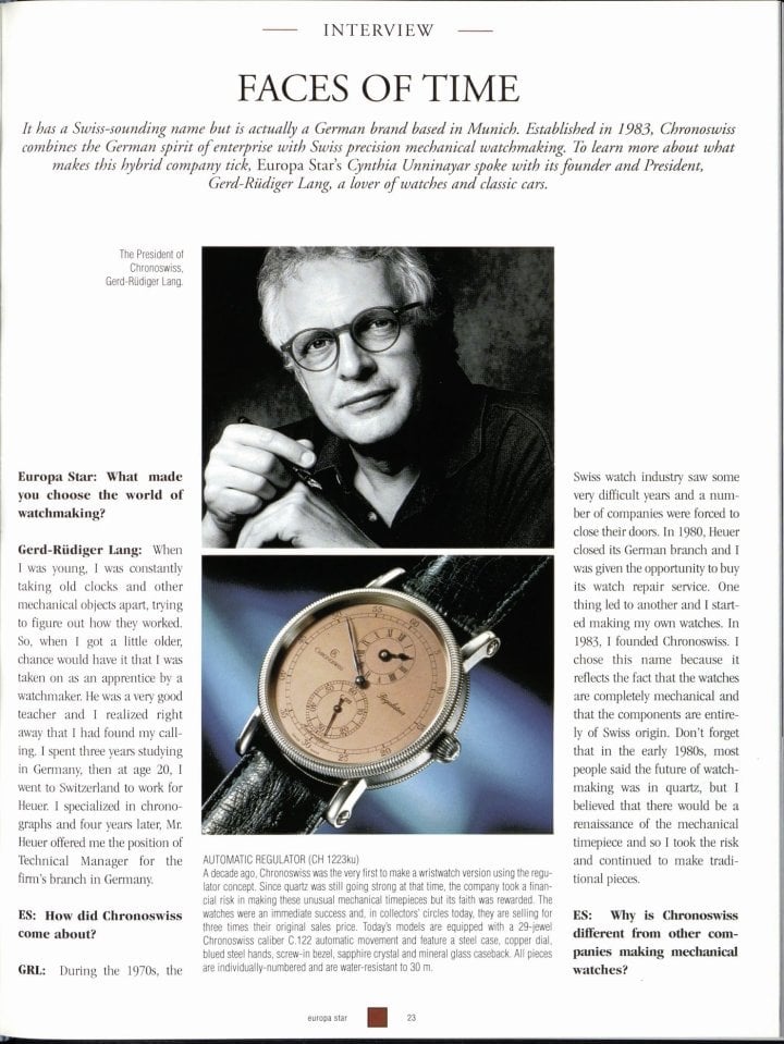 Interview with Gerd-Rüdiger Lang published in Europa Star in 1998: “I believed that there would be a renaissance of the mechanical timepiece and so I took the risk and continued to make traditional pieces.”