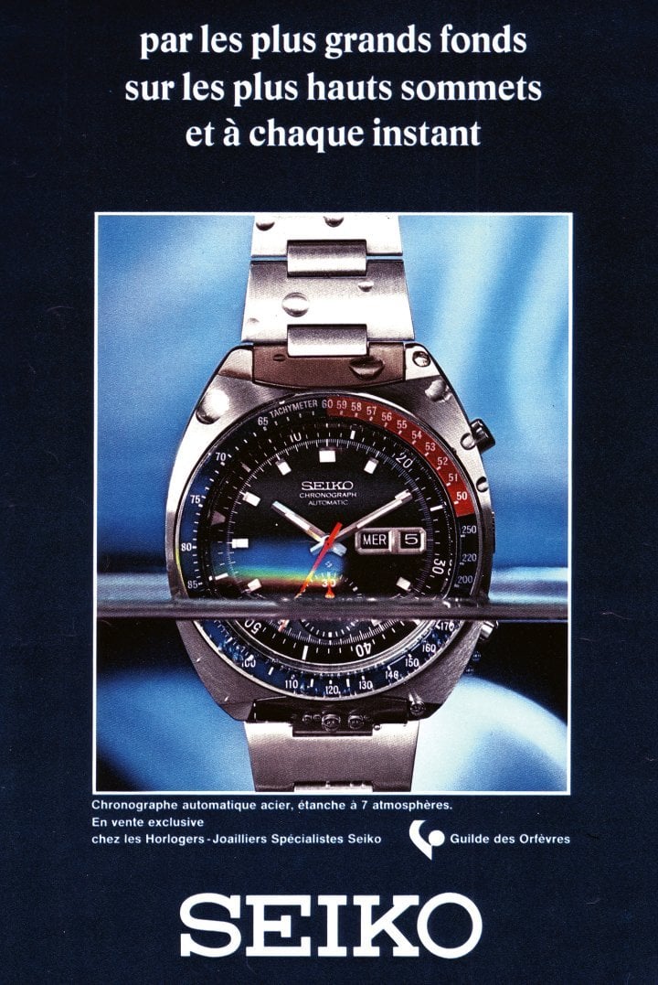 1969: A few years after its debut on the European markets, Seiko proved to be a formidable and innovative competitor. Its automatic chronograph became the ideal partner “in diving, on the highest peaks and at all times”.