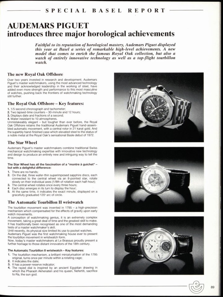 A follow-on report in the next issue calls attention to “this most masculine of watches” while noting the unmistakable elegance and hand finishing worthy of an Audemars Piguet. The anti-magnetic inner case was overlooked in the initial press release and thus was not mentioned here.