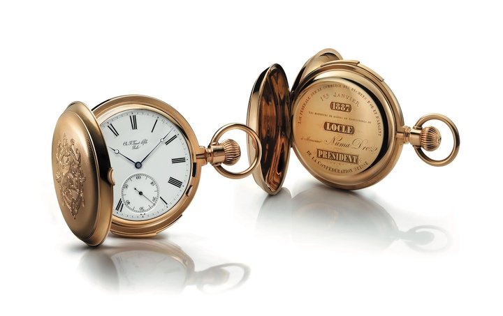 Tissot gold pocket watch presented to Mr. Numa Droz by the case assemblers and manufacturers of Le Locle, 1st January 1887. Tissot Archive.