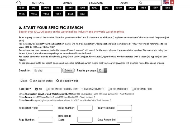 The search engine allows to navigate through the tens of thousands of pages of horological archives. Time to start our search about IWC's Da Vinci! 