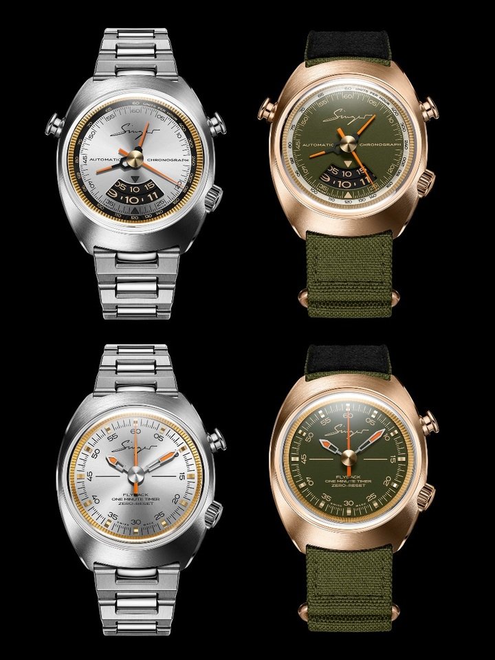 The 1969 line consists of chronographs and timers, including these steel variations with a sun-brushed silver dial or bronze case and matt green dial.