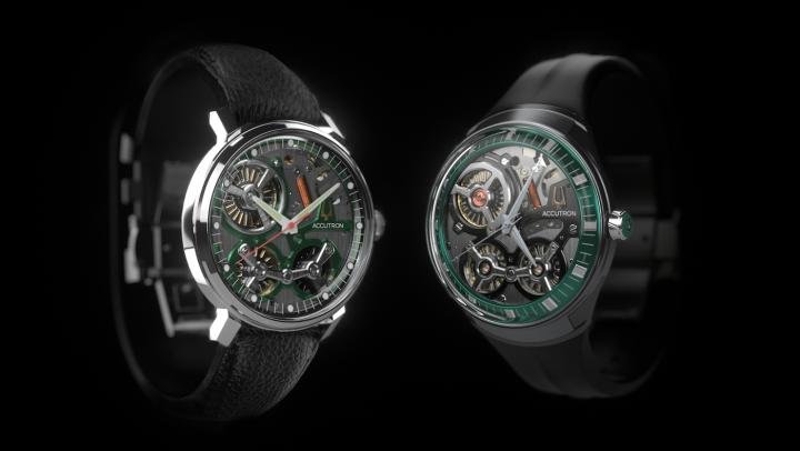 The Spaceview 2020 (left) and Accutron DNA (right) models are equipped with Accutron's exclusive patented electrostatic energy-powered calibre.