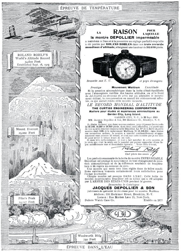 1919: From the trenches to aviation records: the waterproof Depollier model, adopted by the American military during the war's final months, accompanied pilot Roland Rohlfs on his 10,000-metre altitude ascent. This advertisement devotes extensive text to its features – an unusual approach in an age dominated by image-rich ads.